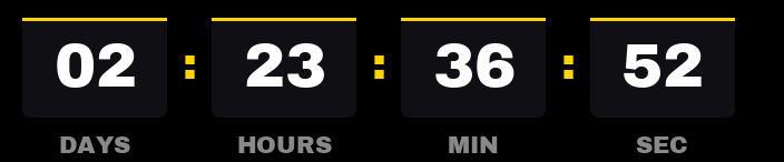 Black Friday countdown GIF: white digits in black boxes with a yellow top bar, showing days, hours, minutes and seconds