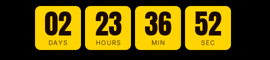 Black Friday countdown GIF: solid yellow blocks with large black digits and the label inside, showing days, hours, minutes and seconds
