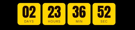 Black Friday countdown GIF: solid yellow blocks with large black digits and the label inside, showing days, hours, minutes and seconds