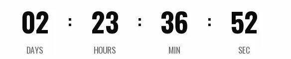 Black Friday countdown GIF: condensed black digits on a white background, no boxes, showing days, hours, minutes and seconds