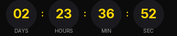 Black Friday countdown GIF: yellow digits inside dark gray circles on black, showing days, hours, minutes and seconds