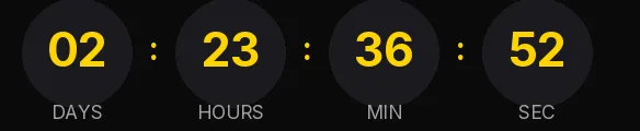 Black Friday countdown GIF: yellow digits inside dark gray circles on black, showing days, hours, minutes and seconds