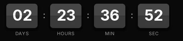 Black Friday split-flap countdown GIF: two-tone gray cards with white digits on black, showing days, hours, minutes and seconds