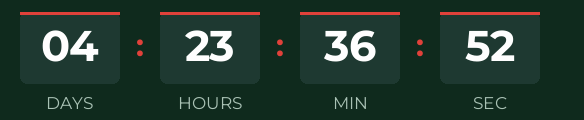 Christmas countdown GIF: white digits in dark green boxes with a red top bar on a fir green background, showing days, hours, minutes and seconds