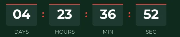 Christmas countdown GIF: white digits in dark green boxes with a red top bar on a fir green background, showing days, hours, minutes and seconds