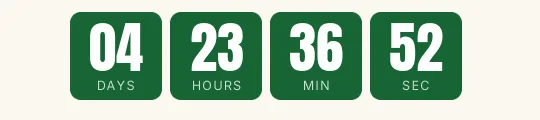 Christmas countdown GIF: solid fir green blocks with large white digits and the label inside on a cream background, showing days, hours, minutes and seconds