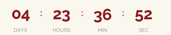 Christmas countdown GIF: deep red digits on a cream background with warm gray labels, no boxes, showing days, hours, minutes and seconds