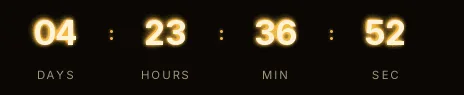 Christmas neon countdown GIF: light digits with a warm gold glow on a near-black background, showing days, hours, minutes and seconds