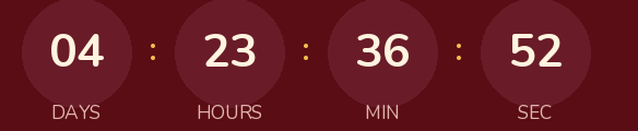 Christmas countdown GIF: cream digits inside maroon circles on a wine red background with gold separators, showing days, hours, minutes and seconds