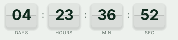 Christmas split-flap countdown GIF: two-tone white cards with fir green digits on a snow gray background, showing days, hours, minutes and seconds