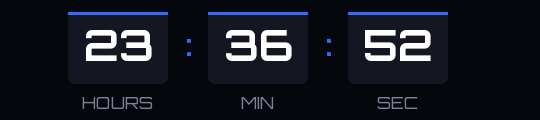 Cyber Monday countdown GIF: white digits in black boxes with an electric blue top bar, showing hours, minutes and seconds