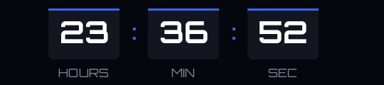 Cyber Monday countdown GIF: white digits in black boxes with an electric blue top bar, showing hours, minutes and seconds