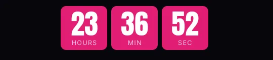 Cyber Monday countdown GIF: solid magenta blocks with large white digits and the label inside on a near-black background, showing hours, minutes and seconds