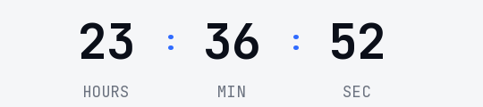 Cyber Monday countdown GIF: near-black monospaced digits and blue separators on a very light gray background, no boxes, showing hours, minutes and seconds