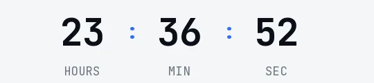 Cyber Monday countdown GIF: near-black monospaced digits and blue separators on a very light gray background, no boxes, showing hours, minutes and seconds