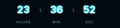 Cyber Monday neon countdown GIF: light digits with a cyan glow on a blue-black background, showing hours, minutes and seconds