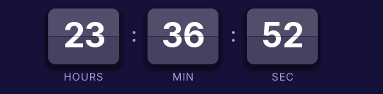 Cyber Monday split-flap countdown GIF: two-tone purple cards with white digits on a dark indigo background, showing hours, minutes and seconds