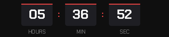 Flash sale countdown GIF: white digits in black boxes with a red top bar, showing hours, minutes and seconds