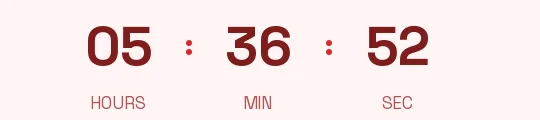 Flash sale countdown GIF: deep red digits on a pale pink background, no boxes, showing hours, minutes and seconds