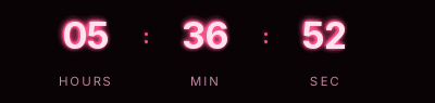 Flash sale neon countdown GIF: light digits with a pink glow on a near-black background, showing hours, minutes and seconds