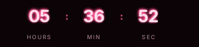 Flash sale neon countdown GIF: light digits with a pink glow on a near-black background, showing hours, minutes and seconds