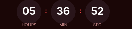 Flash sale countdown GIF: white digits in circles on a dark maroon background with red separators, showing hours, minutes and seconds