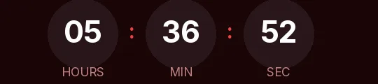 Flash sale countdown GIF: white digits in circles on a dark maroon background with red separators, showing hours, minutes and seconds
