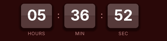 Flash sale split-flap countdown GIF: burgundy cards with white digits, showing hours, minutes and seconds