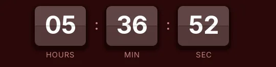 Flash sale split-flap countdown GIF: burgundy cards with white digits, showing hours, minutes and seconds