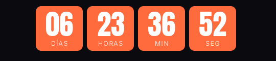 Cuenta atrás de lanzamiento en GIF: bloques naranjas con cifras grandes y la etiqueta dentro, con días, horas, minutos y segundos