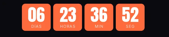 Cuenta atrás de lanzamiento en GIF: bloques naranjas con cifras grandes y la etiqueta dentro, con días, horas, minutos y segundos