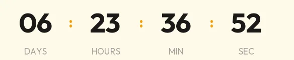 Launch countdown GIF: black digits on a cream background with amber separators, no boxes, showing days, hours, minutes and seconds