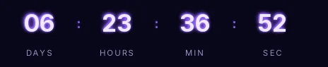 Launch neon countdown GIF: light digits with a purple glow on midnight blue, showing days, hours, minutes and seconds