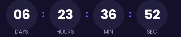 Launch countdown GIF: white digits in circles on a very dark purple background, showing days, hours, minutes and seconds