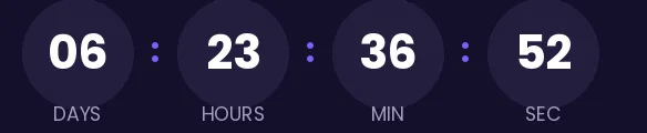 Launch countdown GIF: white digits in circles on a very dark purple background, showing days, hours, minutes and seconds