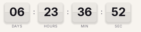 Launch split-flap countdown GIF: light cards with near-black digits on a paper background, showing days, hours, minutes and seconds