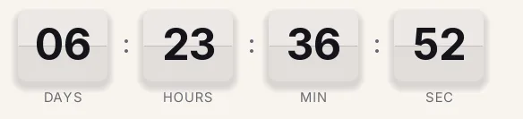 Launch split-flap countdown GIF: light cards with near-black digits on a paper background, showing days, hours, minutes and seconds