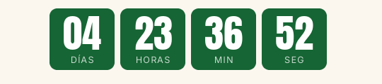 Cuenta atrás de Navidad en GIF: bloques verde abeto con cifras blancas grandes y la etiqueta dentro sobre fondo crema, con días, horas, minutos y segundos