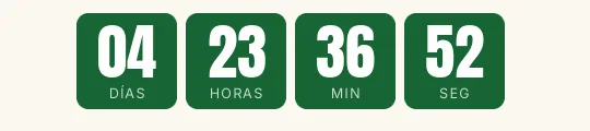 Cuenta atrás de Navidad en GIF: bloques verde abeto con cifras blancas grandes y la etiqueta dentro sobre fondo crema, con días, horas, minutos y segundos