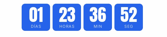 Cuenta atrás de webinar en GIF: bloques azules con cifras blancas grandes y la etiqueta dentro sobre fondo blanco, con días, horas, minutos y segundos