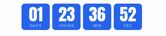 Webinar countdown GIF: blue blocks with large white digits and the label inside on a white background, showing days, hours, minutes and seconds
