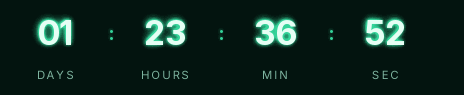 Webinar neon countdown GIF: light digits with a green glow on a near-black green background, showing days, hours, minutes and seconds