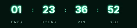 Webinar neon countdown GIF: light digits with a green glow on a near-black green background, showing days, hours, minutes and seconds