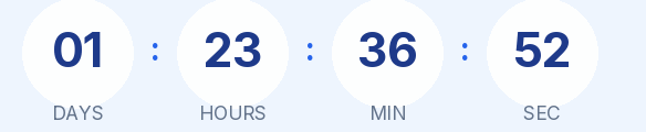 Webinar countdown GIF: dark blue digits in white circles on a light blue background, showing days, hours, minutes and seconds