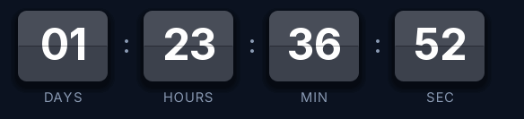Webinar split-flap countdown GIF: slate blue cards with white digits on navy, showing days, hours, minutes and seconds