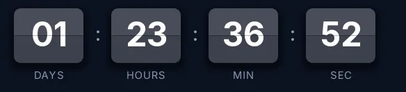 Webinar split-flap countdown GIF: slate blue cards with white digits on navy, showing days, hours, minutes and seconds